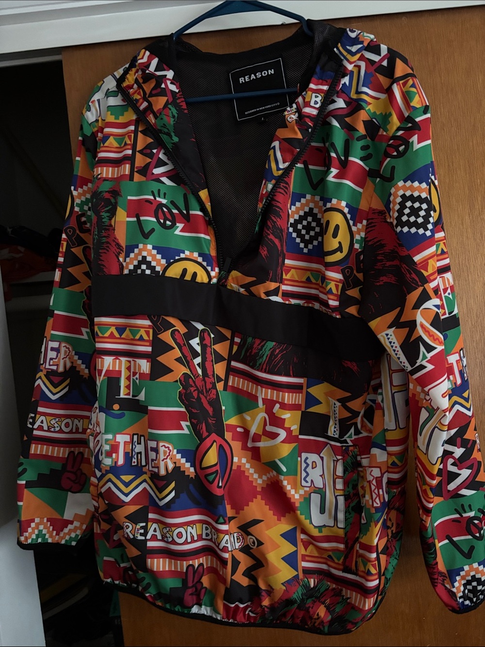 Reason Multicolor Graphic Raincoat with Green, Red, Yellow & Blue SZ L